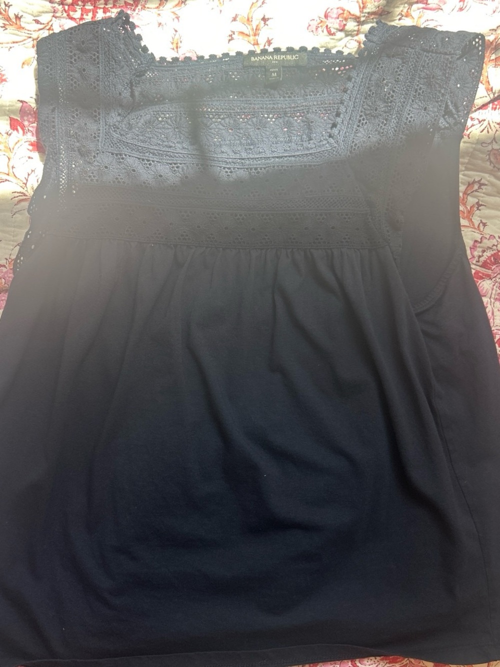 Banana Republic Black Crochet Yoke Cap Sleeve Top